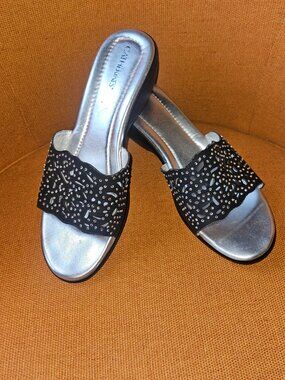 CATHERINES Women's Black Wedge Slide Sandals with Rhinestones Sz 12W